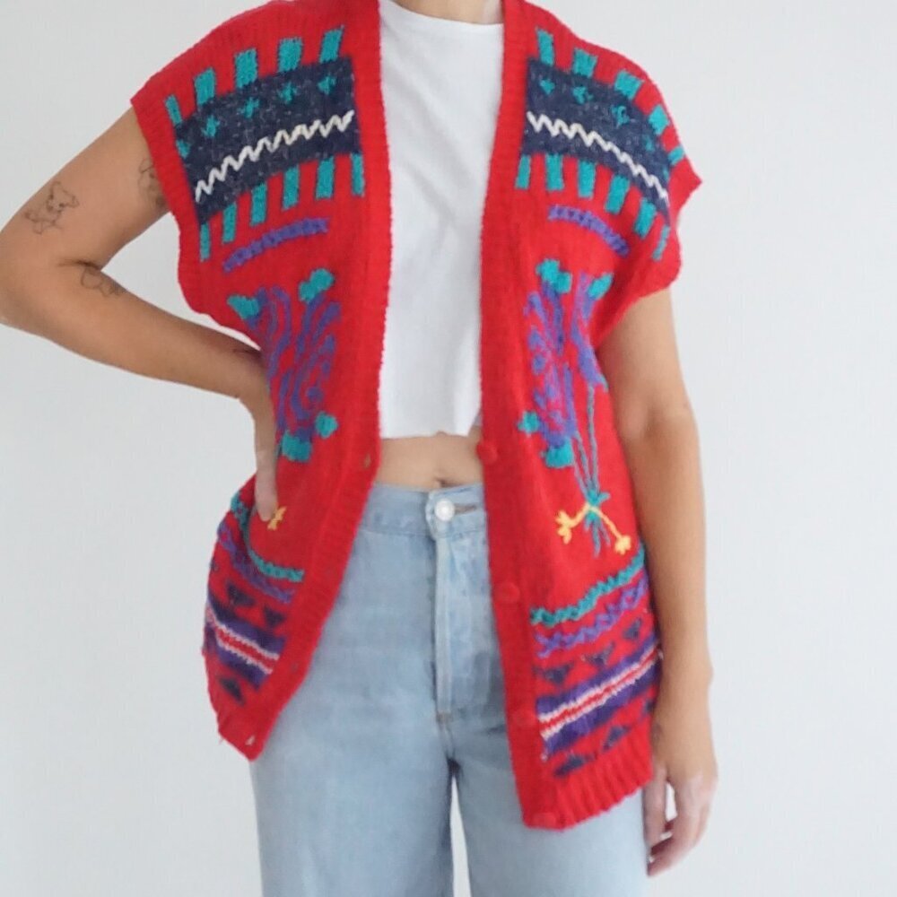 Vintage Koret Red Geometric Southwestern Sleeveless Knit Button Front Vest L